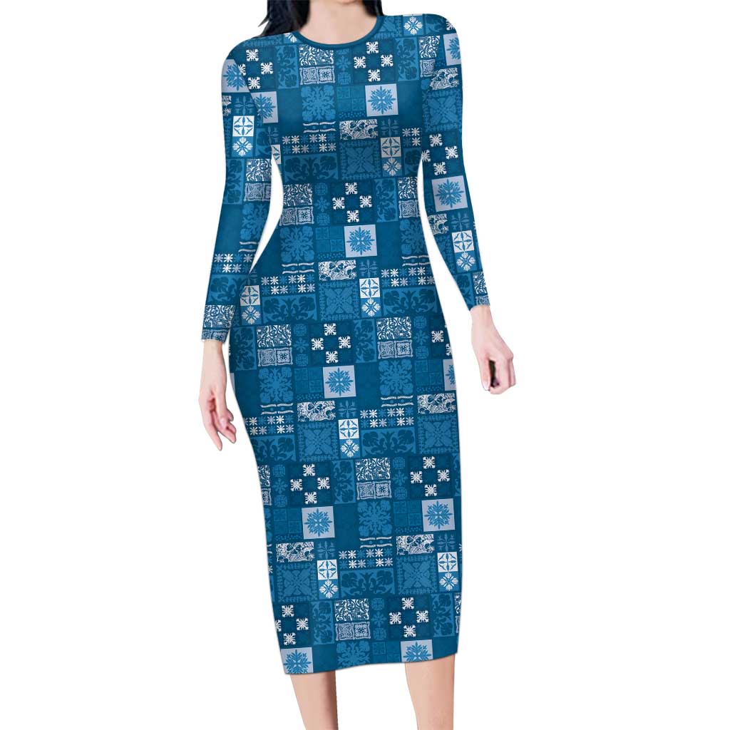Vintage Hawaiian Quilting Patterns Long Sleeve Bodycon Dress Blue Style Tribal Fabric Patchwork - Polynesian Pride