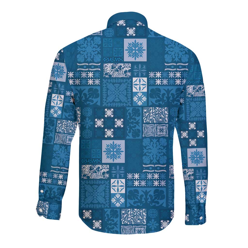 Vintage Hawaiian Quilting Patterns Long Sleeve Button Shirt Blue Style Tribal Fabric Patchwork - Polynesian Pride