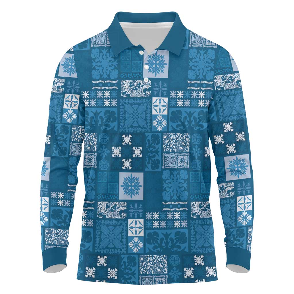Vintage Hawaiian Quilting Patterns Long Sleeve Polo Shirt Blue Style Tribal Fabric Patchwork - Polynesian Pride