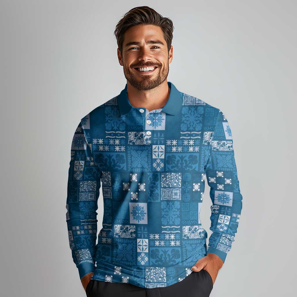 Vintage Hawaiian Quilting Patterns Long Sleeve Polo Shirt Blue Style Tribal Fabric Patchwork - Polynesian Pride