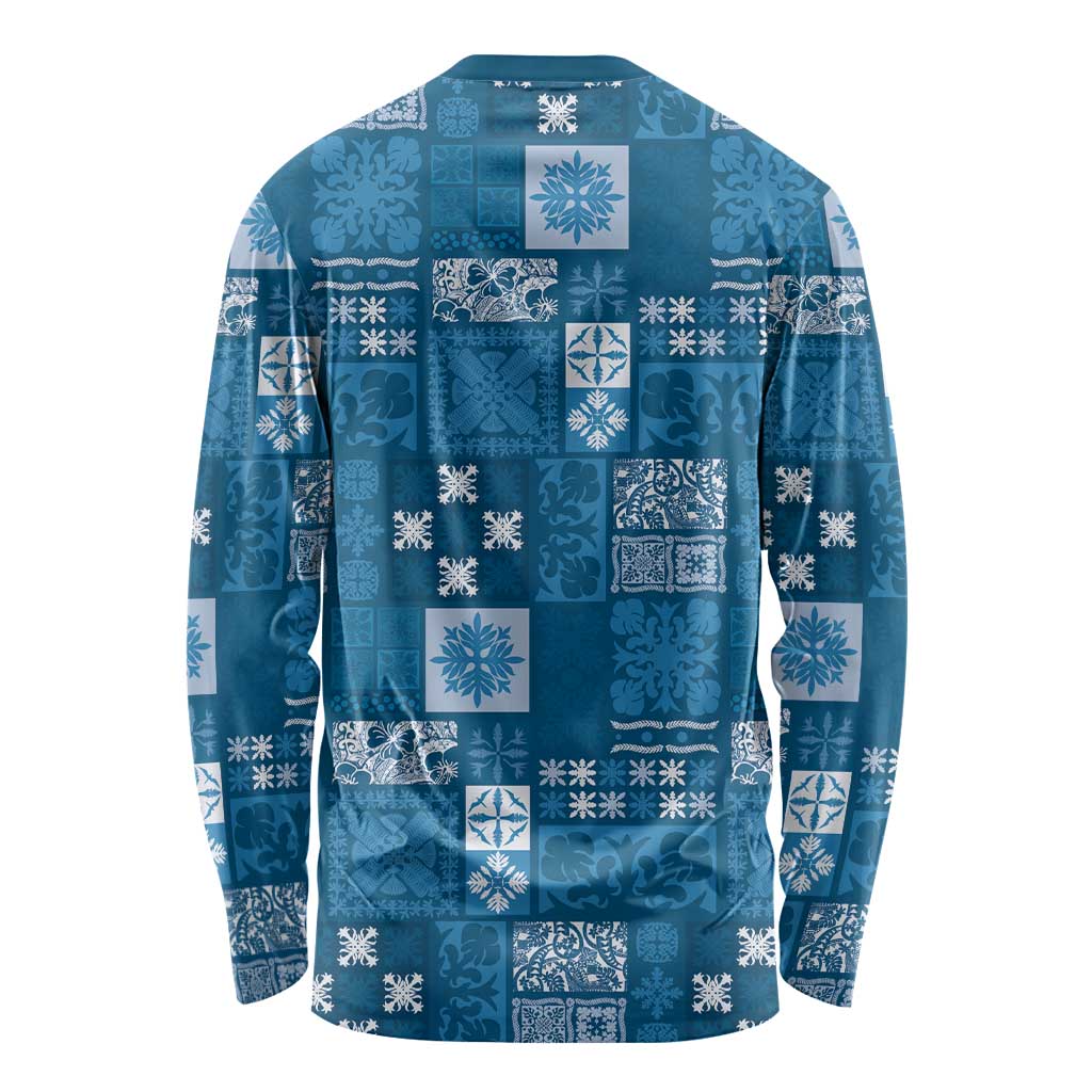 Vintage Hawaiian Quilting Patterns Long Sleeve Shirt Blue Style Tribal Fabric Patchwork - Polynesian Pride