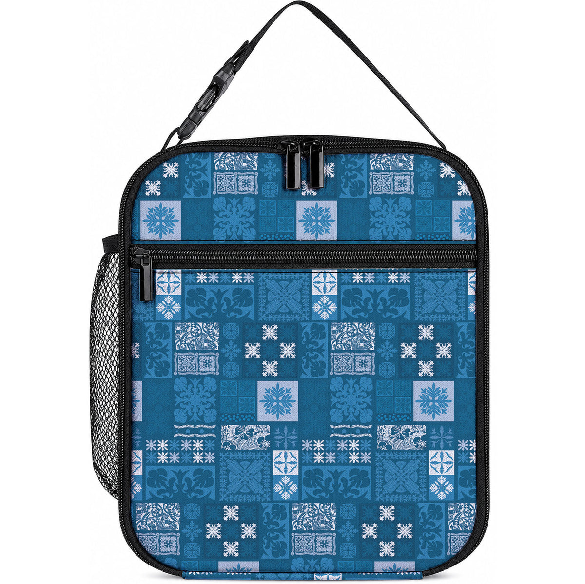 Vintage Hawaiian Quilting Patterns Lunch Bag Blue Style Tribal Fabric Patchwork LT9 10.2 × 8.3 × 4.3 inch Blue - Polynesian Pride
