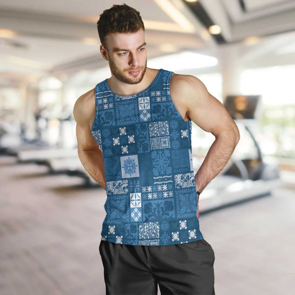 Vintage Hawaiian Quilting Patterns Men Tank Top Blue Style Tribal Fabric Patchwork - Polynesian Pride