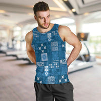 Vintage Hawaiian Quilting Patterns Men Tank Top Blue Style Tribal Fabric Patchwork - Polynesian Pride