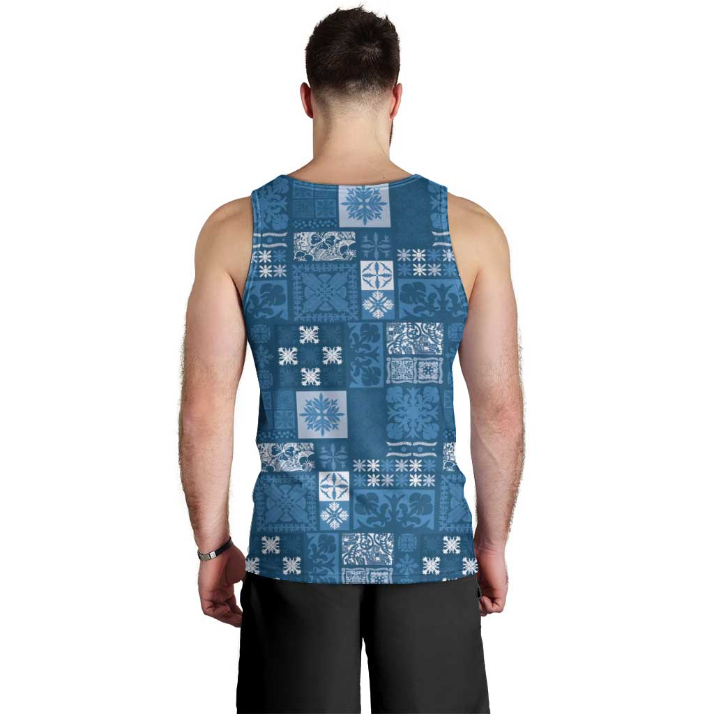 Vintage Hawaiian Quilting Patterns Men Tank Top Blue Style Tribal Fabric Patchwork - Polynesian Pride