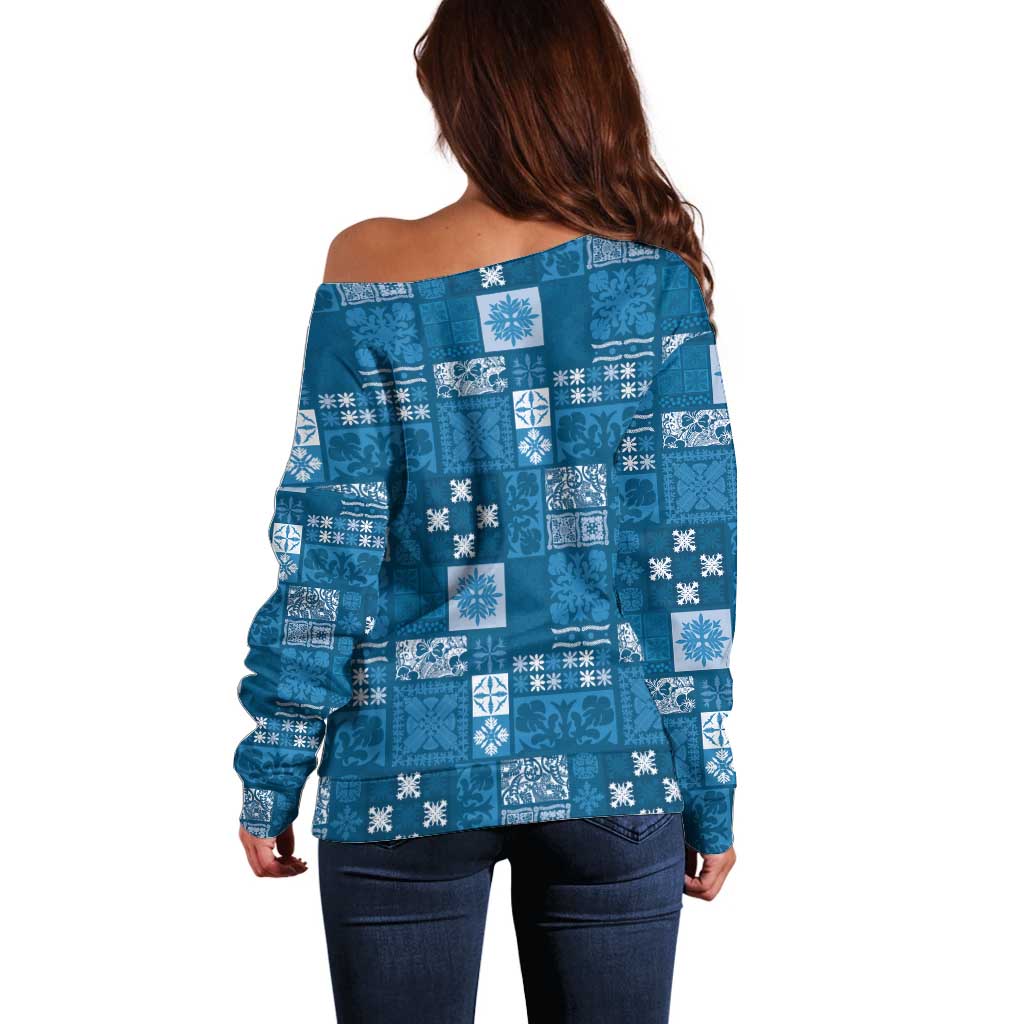 Vintage Hawaiian Quilting Patterns Off Shoulder Sweater Blue Style Tribal Fabric Patchwork - Polynesian Pride