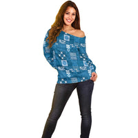 Vintage Hawaiian Quilting Patterns Off Shoulder Sweater Blue Style Tribal Fabric Patchwork - Polynesian Pride