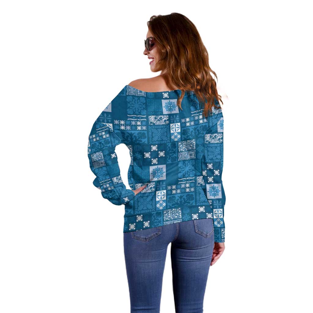 Vintage Hawaiian Quilting Patterns Off Shoulder Sweater Blue Style Tribal Fabric Patchwork - Polynesian Pride