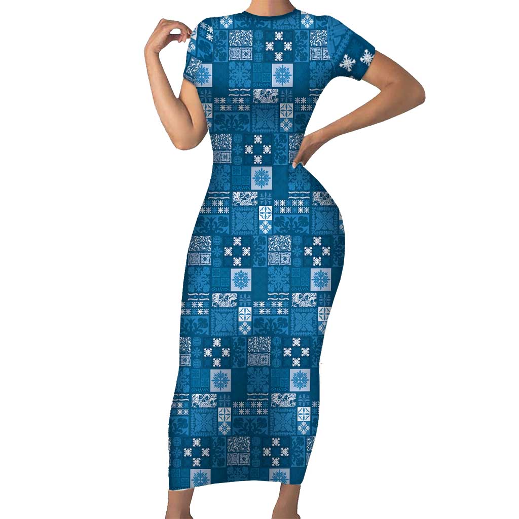 Vintage Hawaiian Quilting Patterns Short Sleeve Bodycon Dress Blue Style Tribal Fabric Patchwork - Polynesian Pride