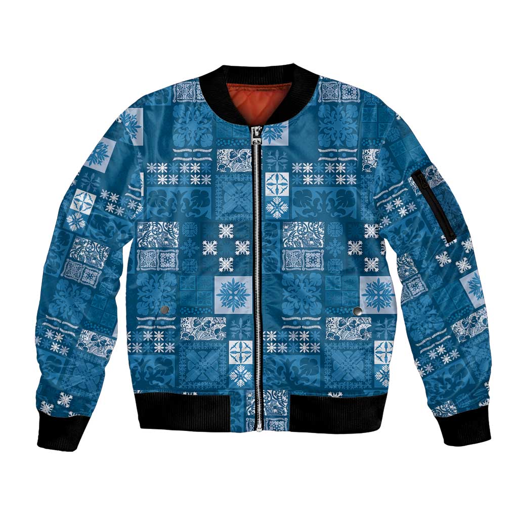 Vintage Hawaiian Quilting Patterns Sleeve Zip Bomber Jacket Blue Style Tribal Fabric Patchwork - Polynesian Pride