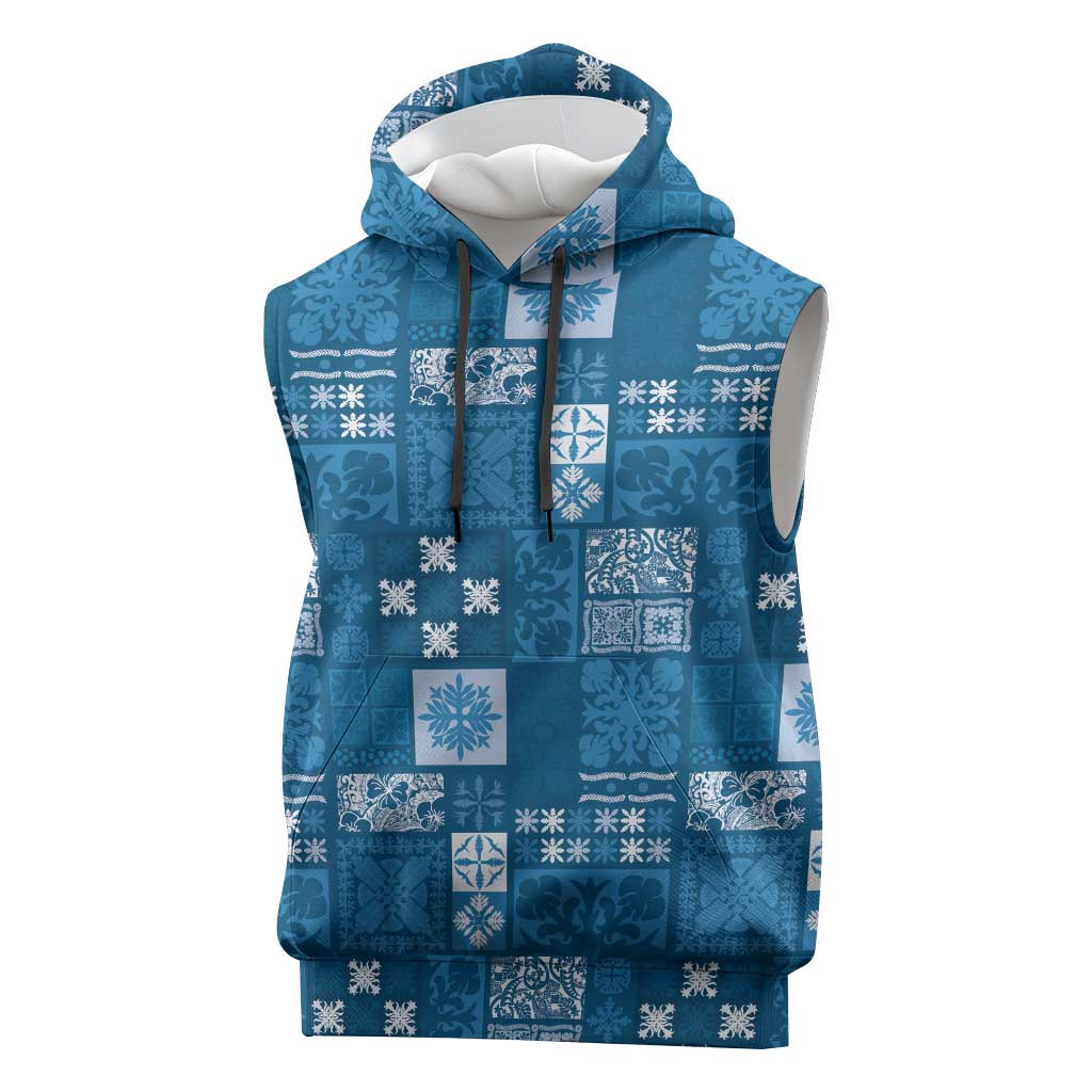 Vintage Hawaiian Quilting Patterns Sleeveless Hoodie Blue Style Tribal Fabric Patchwork - Polynesian Pride