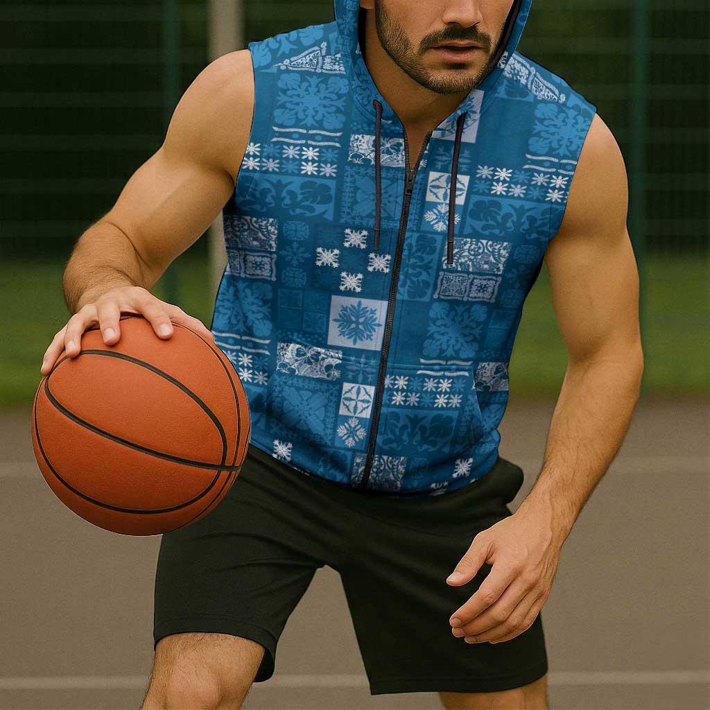 Vintage Hawaiian Quilting Patterns Sleeveless Zip Hoodie Blue Style Tribal Fabric Patchwork - Polynesian Pride