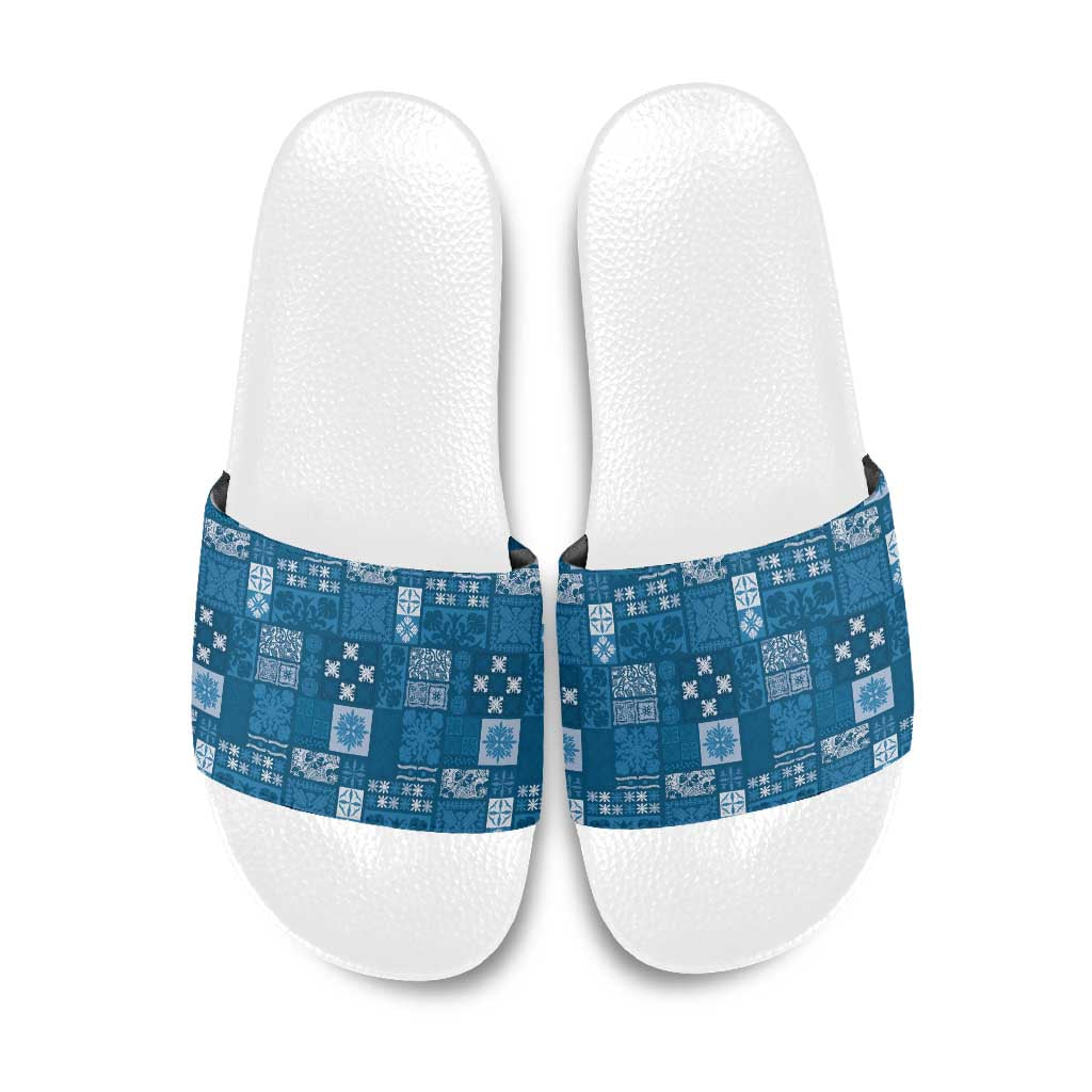 Vintage Hawaiian Quilting Patterns Slide Sandals Blue Style Tribal Fabric Patchwork - Polynesian Pride