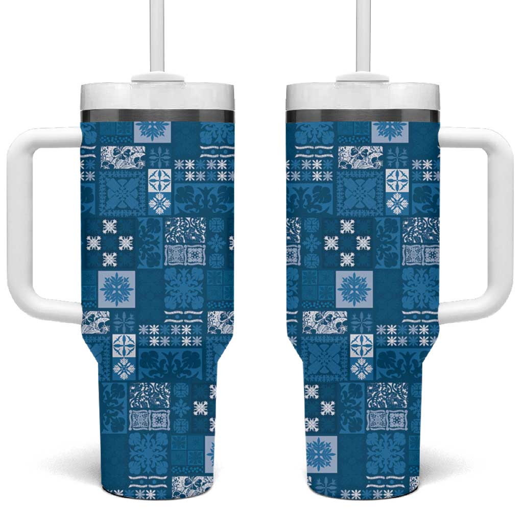 Vintage Hawaiian Quilting Patterns Tumbler With Handle Blue Style Tribal Fabric Patchwork LT9 One Size: 40 oz Blue - Polynesian Pride