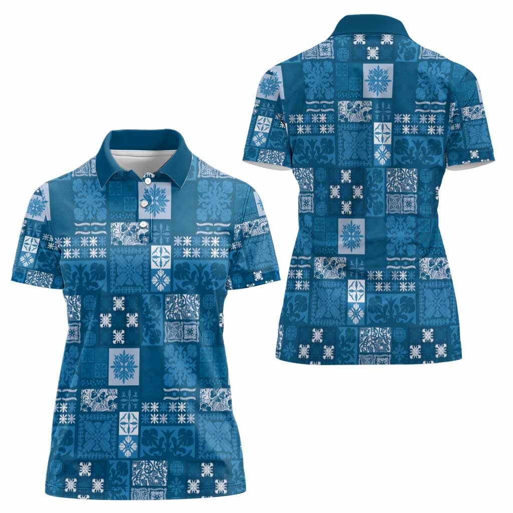Vintage Hawaiian Quilting Patterns Women Polo Shirt Blue Style Tribal Fabric Patchwork - Polynesian Pride