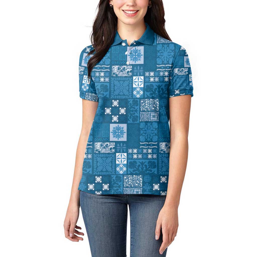 Vintage Hawaiian Quilting Patterns Women Polo Shirt Blue Style Tribal Fabric Patchwork - Polynesian Pride