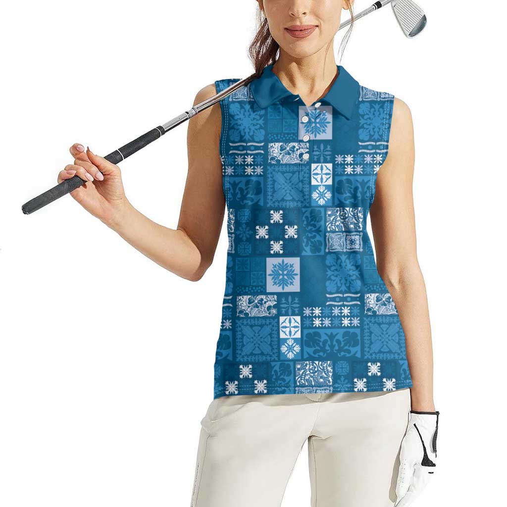Vintage Hawaiian Quilting Patterns Women Sleeveless Polo Shirt Blue Style Tribal Fabric Patchwork - Polynesian Pride