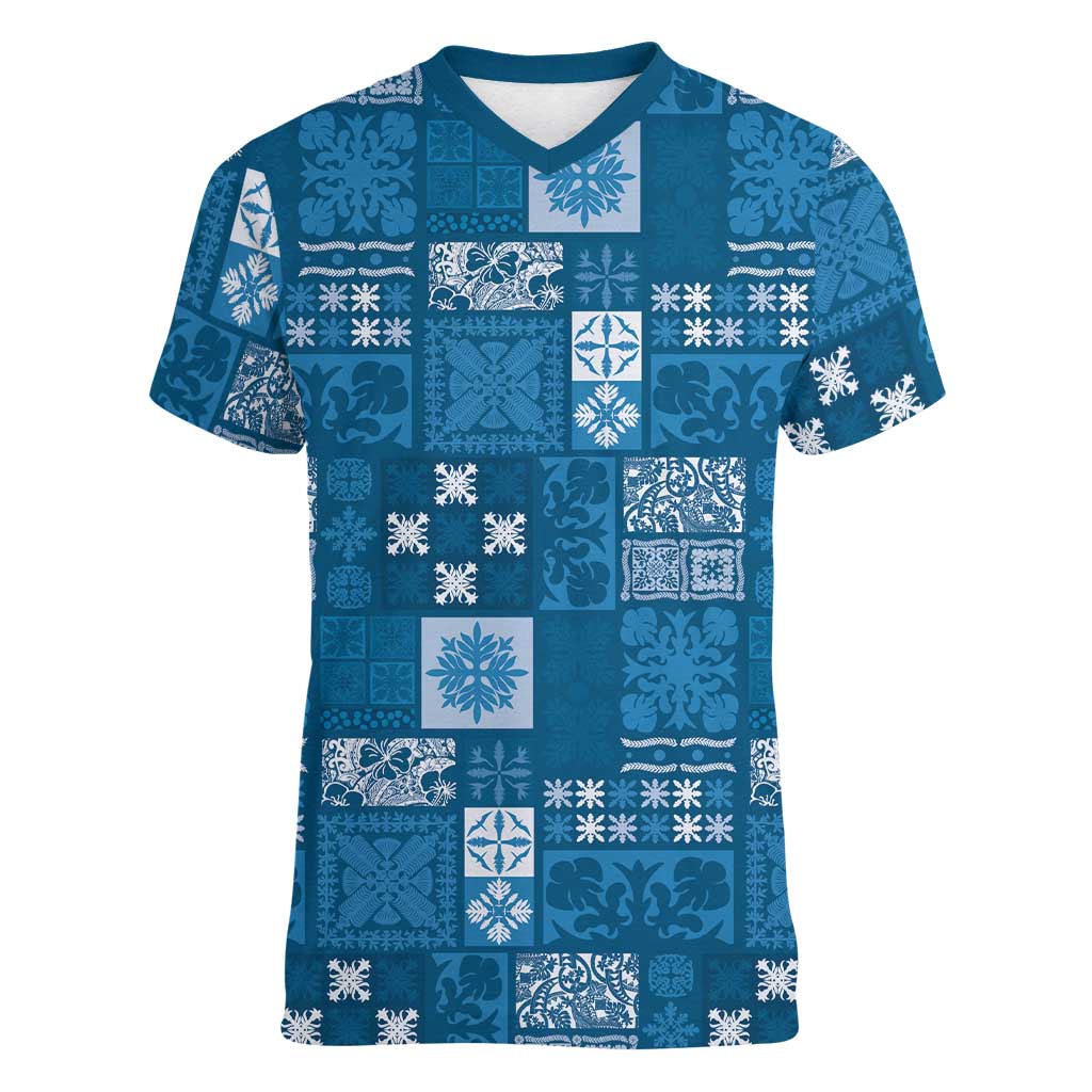Vintage Hawaiian Quilting Patterns Women V-Neck T-Shirt Blue Style Tribal Fabric Patchwork - Polynesian Pride