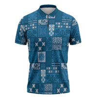 Vintage Hawaiian Quilting Patterns Zipper Polo Shirt Blue Style Tribal Fabric Patchwork LT9 Blue - Polynesian Pride