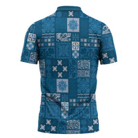 Vintage Hawaiian Quilting Patterns Zipper Polo Shirt Blue Style Tribal Fabric Patchwork LT9 - Polynesian Pride