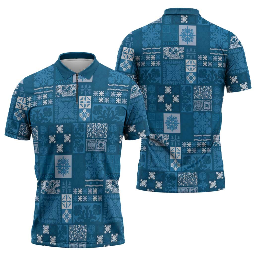 Vintage Hawaiian Quilting Patterns Zipper Polo Shirt Blue Style Tribal Fabric Patchwork LT9 - Polynesian Pride