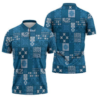 Vintage Hawaiian Quilting Patterns Zipper Polo Shirt Blue Style Tribal Fabric Patchwork LT9 - Polynesian Pride