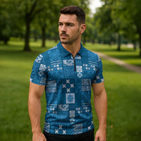Vintage Hawaiian Quilting Patterns Zipper Polo Shirt Blue Style Tribal Fabric Patchwork LT9 - Polynesian Pride
