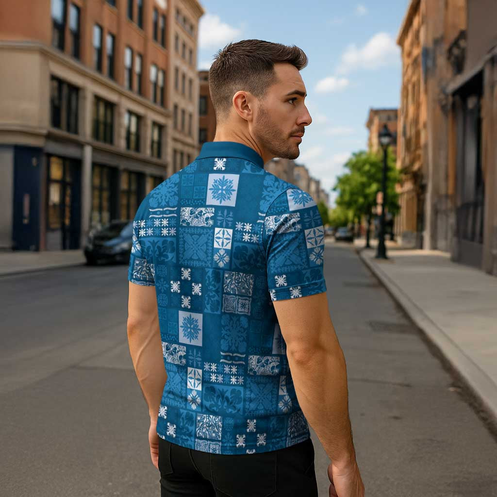 Vintage Hawaiian Quilting Patterns Zipper Polo Shirt Blue Style Tribal Fabric Patchwork LT9 - Polynesian Pride