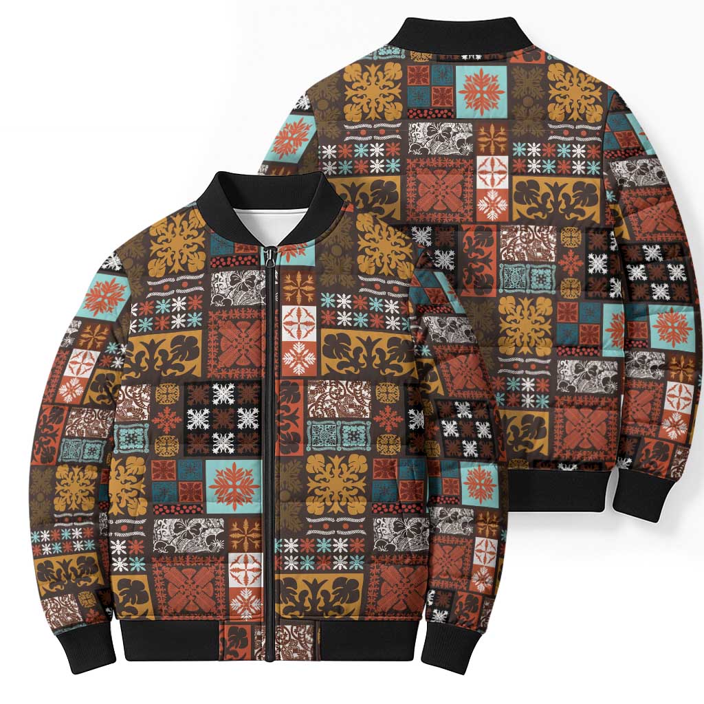 Vintage Hawaiian Quilting Patterns Bomber Puffer Jacket Brown Style Tribal Fabric Patchwork - Polynesian Pride