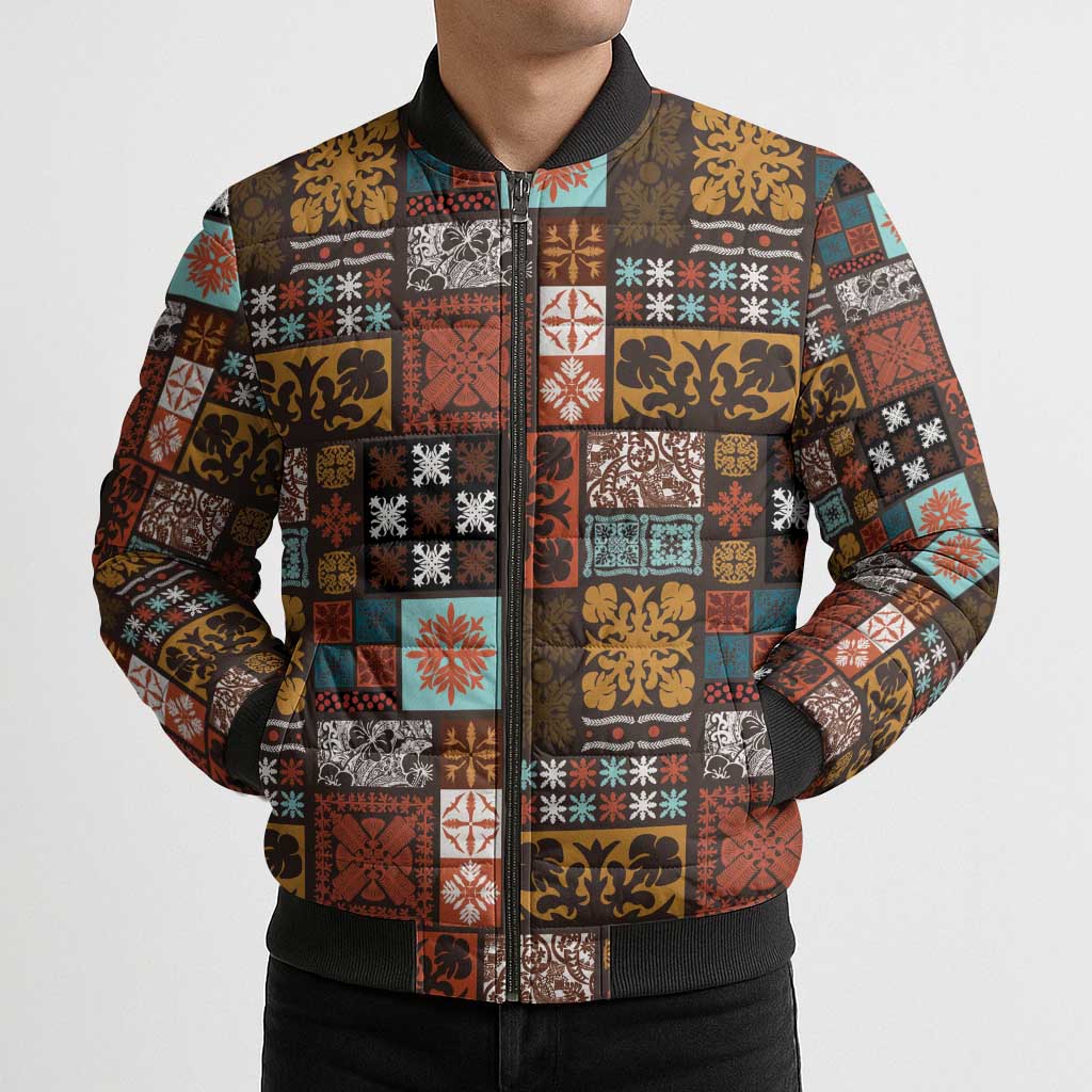 Vintage Hawaiian Quilting Patterns Bomber Puffer Jacket Brown Style Tribal Fabric Patchwork - Polynesian Pride