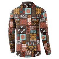 Vintage Hawaiian Quilting Patterns Button Sweatshirt Brown Style Tribal Fabric Patchwork - Polynesian Pride