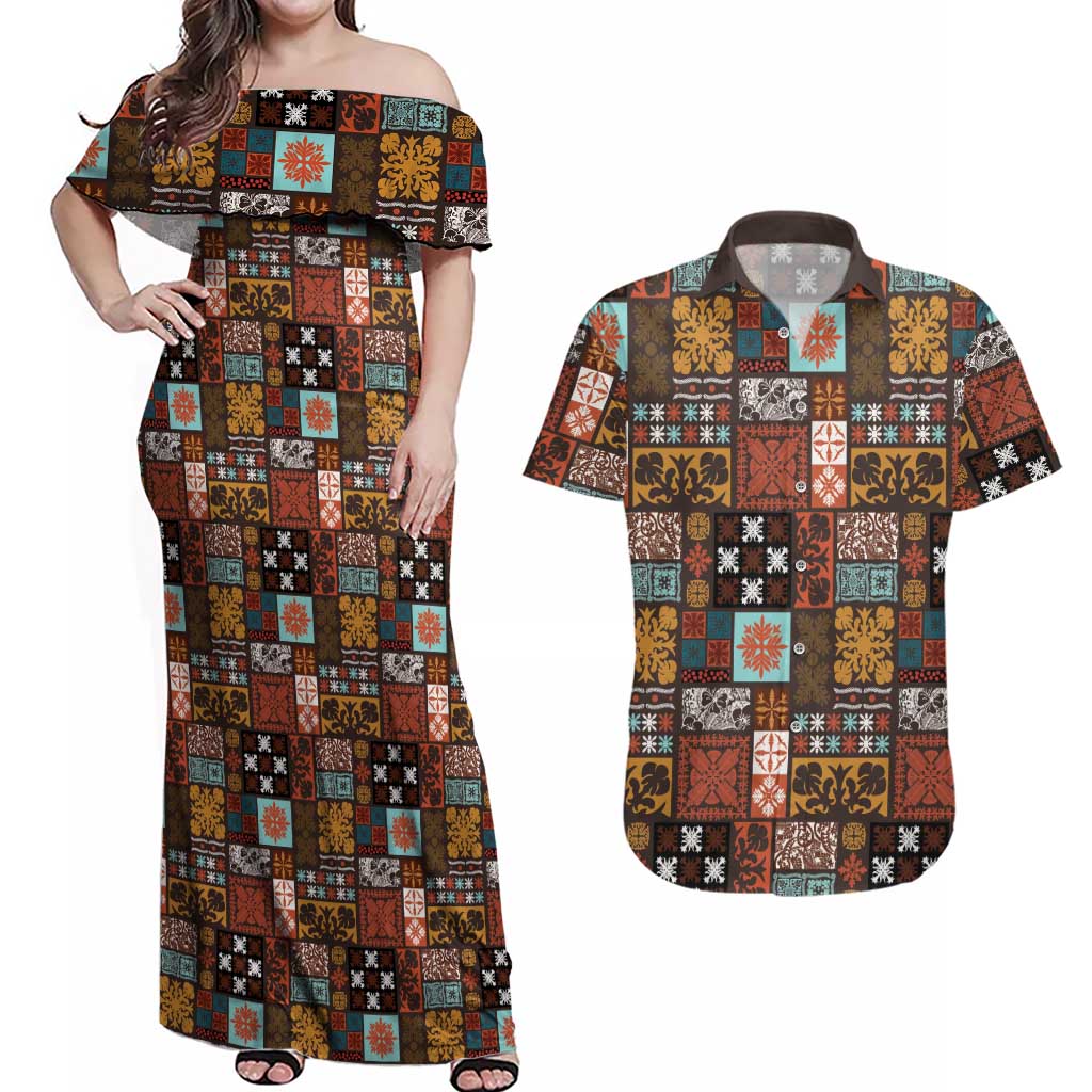 Vintage Hawaiian Quilting Patterns Couples Matching Off Shoulder Maxi Dress and Hawaiian Shirt Brown Style Tribal Fabric Patchwork - Polynesian Pride