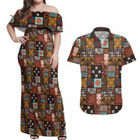 Vintage Hawaiian Quilting Patterns Couples Matching Off Shoulder Maxi Dress and Hawaiian Shirt Brown Style Tribal Fabric Patchwork - Polynesian Pride