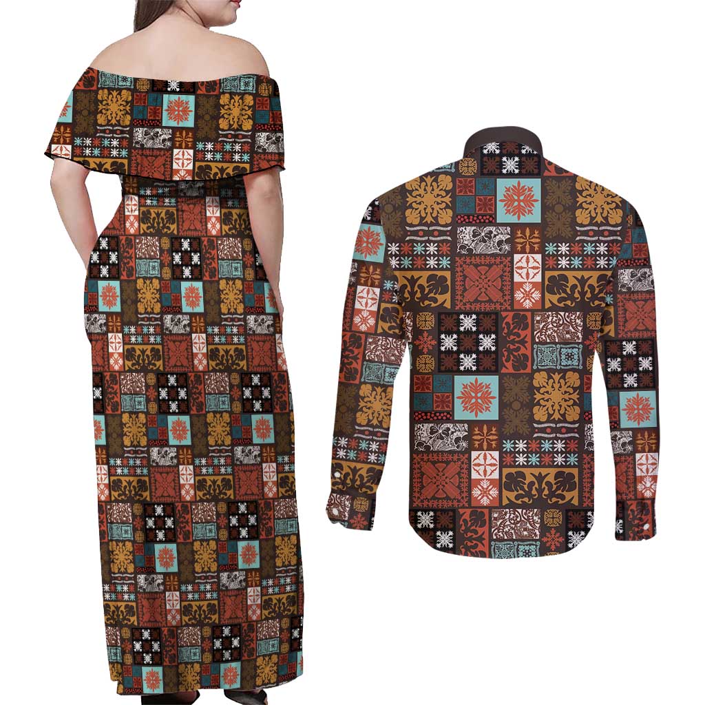 Vintage Hawaiian Quilting Patterns Couples Matching Off Shoulder Maxi Dress and Long Sleeve Button Shirt Brown Style Tribal Fabric Patchwork - Polynesian Pride