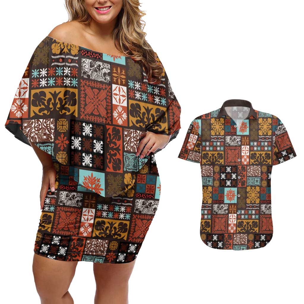 Vintage Hawaiian Quilting Patterns Couples Matching Off Shoulder Short Dress and Hawaiian Shirt Brown Style Tribal Fabric Patchwork - Polynesian Pride
