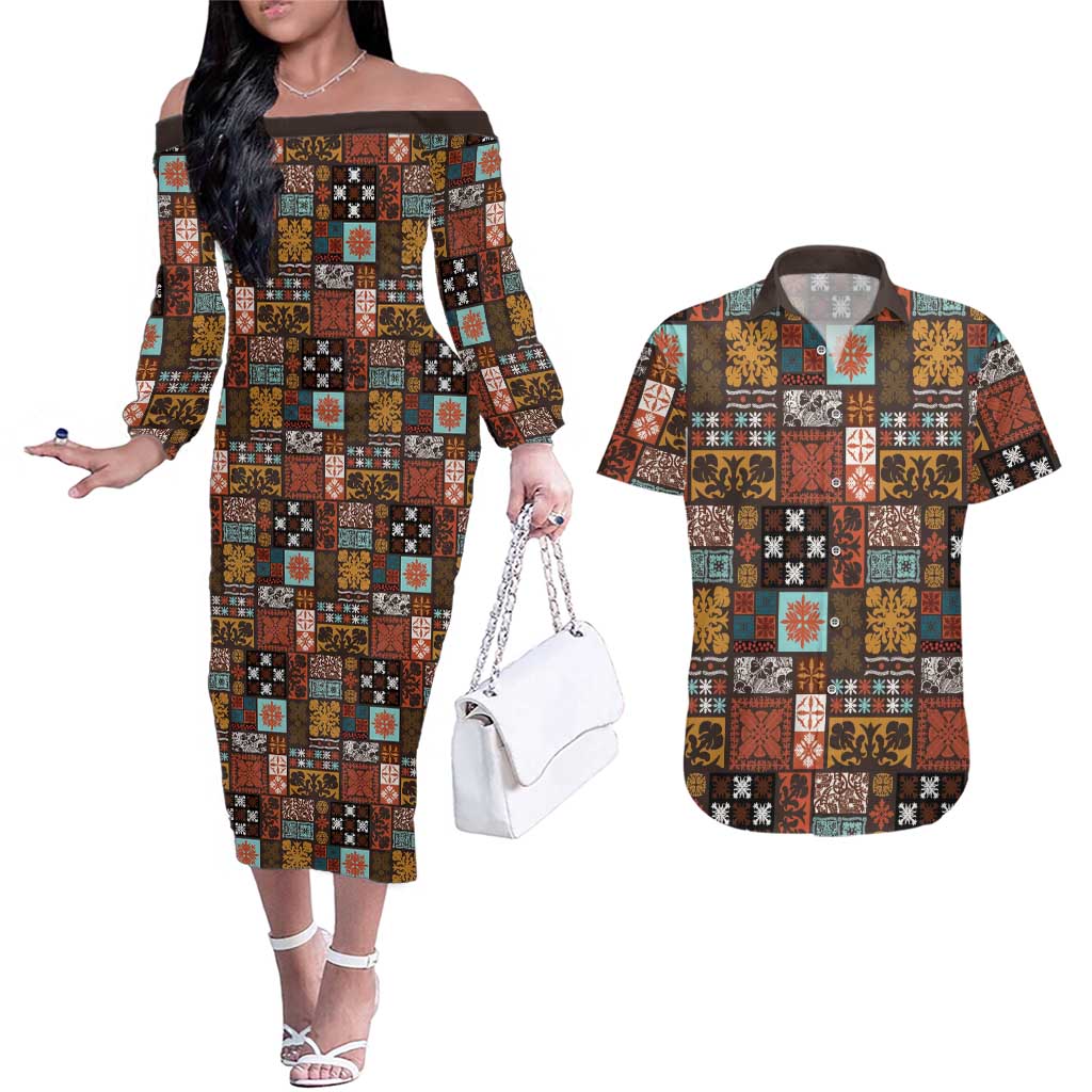 Vintage Hawaiian Quilting Patterns Couples Matching Off The Shoulder Long Sleeve Dress and Hawaiian Shirt Brown Style Tribal Fabric Patchwork LT9 Brown - Polynesian Pride