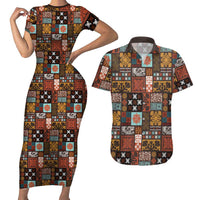 Vintage Hawaiian Quilting Patterns Couples Matching Short Sleeve Bodycon Dress and Hawaiian Shirt Brown Style Tribal Fabric Patchwork LT9 Brown - Polynesian Pride