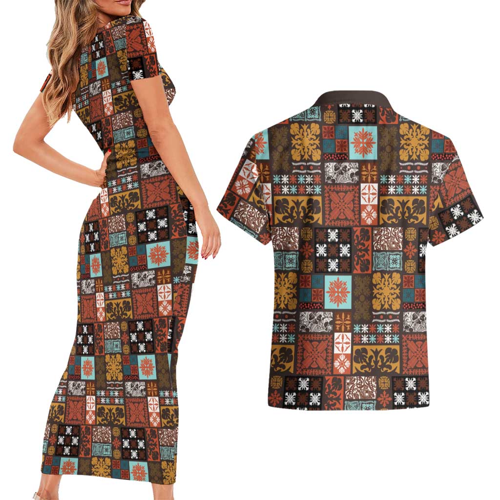 Vintage Hawaiian Quilting Patterns Couples Matching Short Sleeve Bodycon Dress and Hawaiian Shirt Brown Style Tribal Fabric Patchwork LT9 - Polynesian Pride