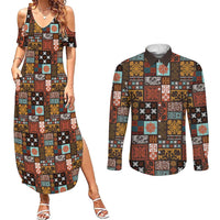Vintage Hawaiian Quilting Patterns Couples Matching Summer Maxi Dress and Long Sleeve Button Shirt Brown Style Tribal Fabric Patchwork - Polynesian Pride
