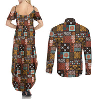 Vintage Hawaiian Quilting Patterns Couples Matching Summer Maxi Dress and Long Sleeve Button Shirt Brown Style Tribal Fabric Patchwork - Polynesian Pride
