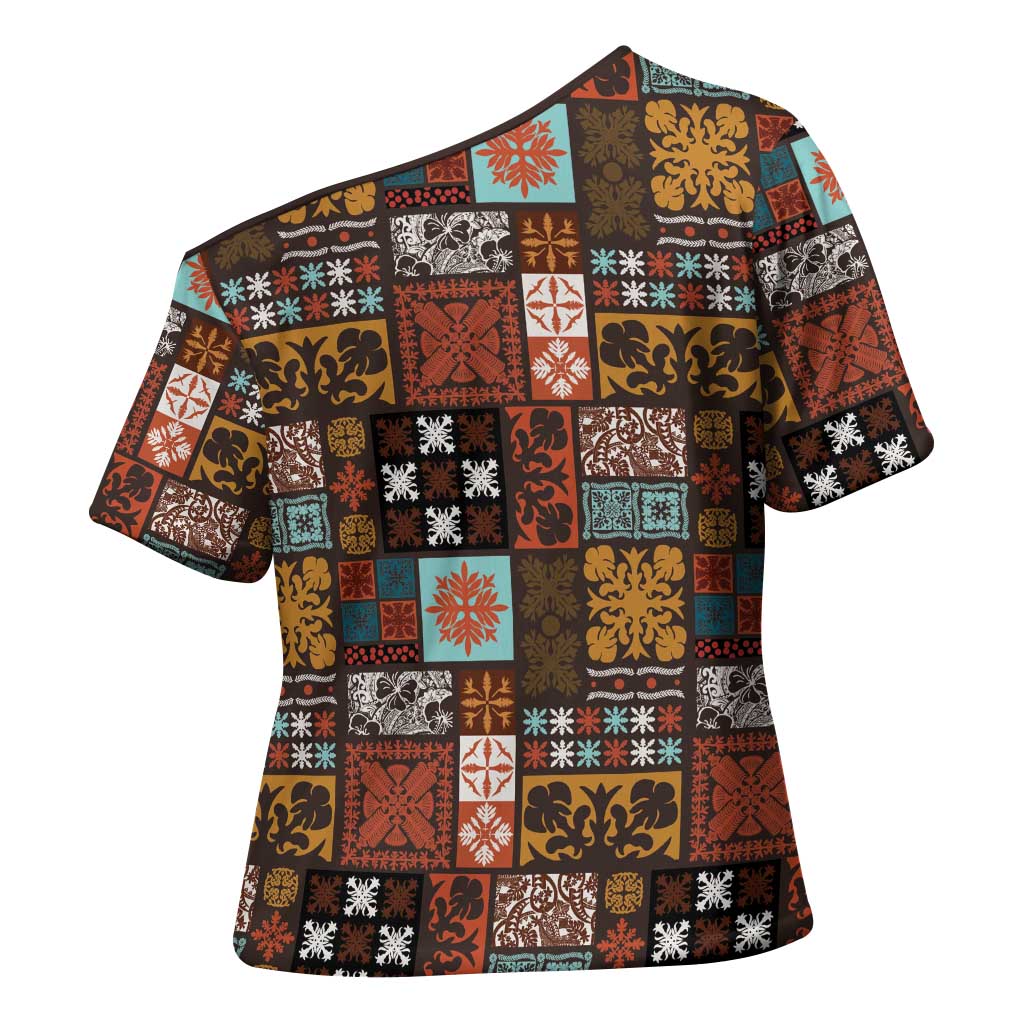 Vintage Hawaiian Quilting Patterns Cross Shoulder Shirt Brown Style Tribal Fabric Patchwork - Polynesian Pride