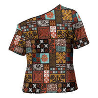 Vintage Hawaiian Quilting Patterns Cross Shoulder Shirt Brown Style Tribal Fabric Patchwork - Polynesian Pride