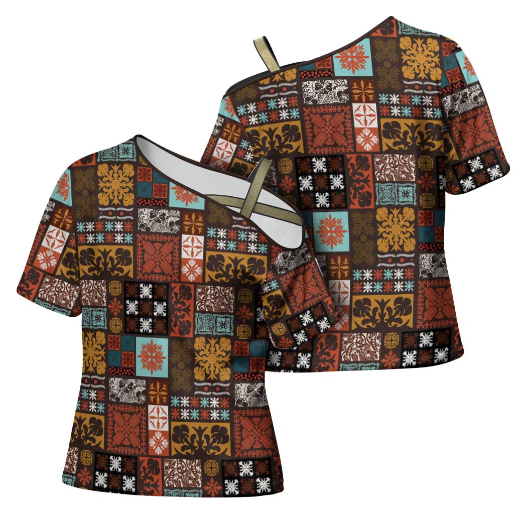 Vintage Hawaiian Quilting Patterns Cross Shoulder Shirt Brown Style Tribal Fabric Patchwork - Polynesian Pride