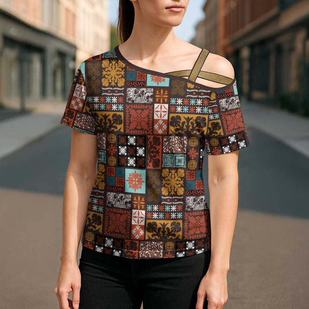 Vintage Hawaiian Quilting Patterns Cross Shoulder Shirt Brown Style Tribal Fabric Patchwork - Polynesian Pride