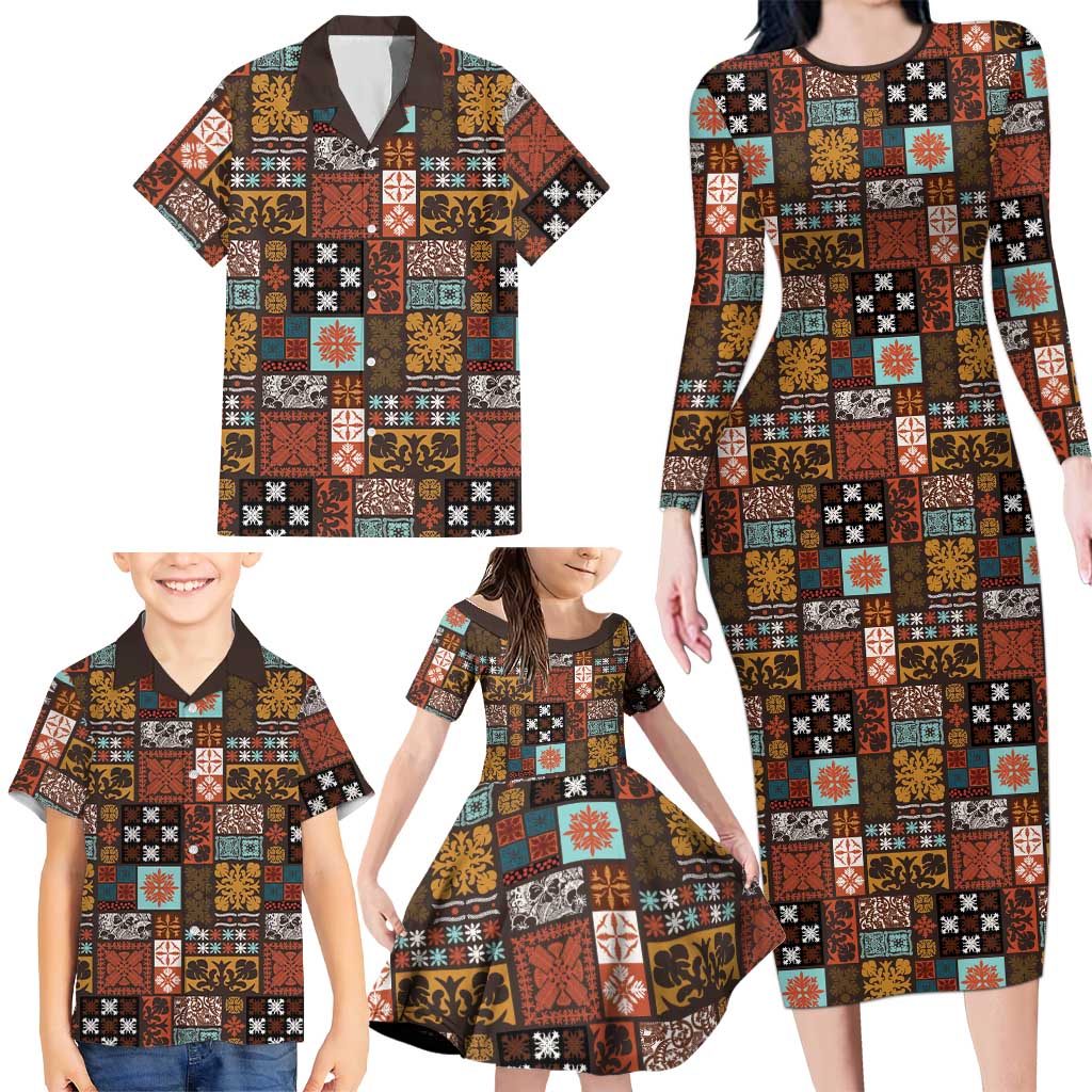 Vintage Hawaiian Quilting Patterns Family Matching Long Sleeve Bodycon Dress and Hawaiian Shirt Brown Style Tribal Fabric Patchwork LT9 - Polynesian Pride