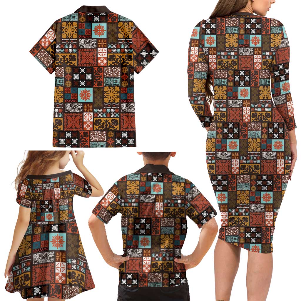 Vintage Hawaiian Quilting Patterns Family Matching Long Sleeve Bodycon Dress and Hawaiian Shirt Brown Style Tribal Fabric Patchwork LT9 - Polynesian Pride