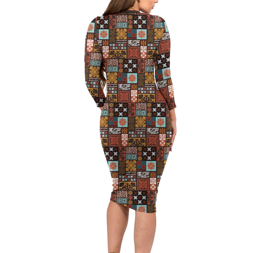 Vintage Hawaiian Quilting Patterns Family Matching Long Sleeve Bodycon Dress and Hawaiian Shirt Brown Style Tribal Fabric Patchwork LT9 - Polynesian Pride