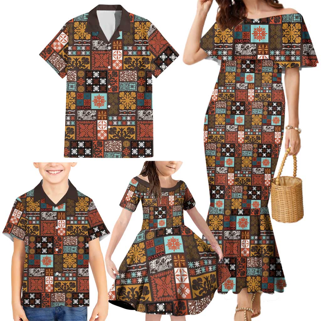 Vintage Hawaiian Quilting Patterns Family Matching Mermaid Dress and Hawaiian Shirt Brown Style Tribal Fabric Patchwork LT9 - Polynesian Pride