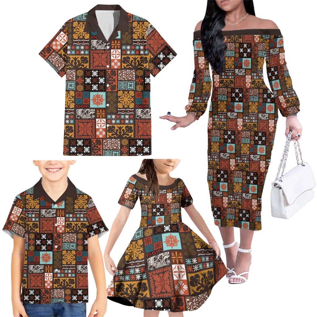 Vintage Hawaiian Quilting Patterns Family Matching Off The Shoulder Long Sleeve Dress and Hawaiian Shirt Brown Style Tribal Fabric Patchwork - Polynesian Pride