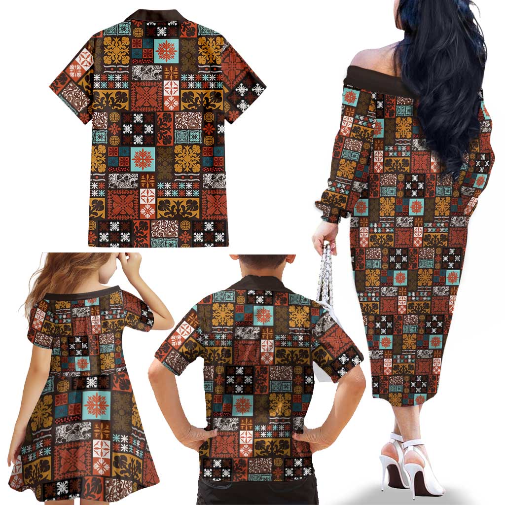 Vintage Hawaiian Quilting Patterns Family Matching Off The Shoulder Long Sleeve Dress and Hawaiian Shirt Brown Style Tribal Fabric Patchwork LT9 - Polynesian Pride